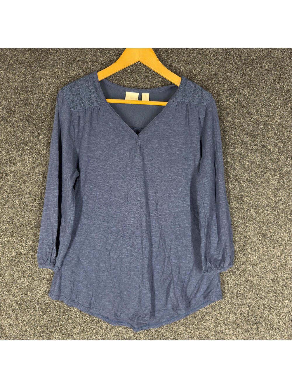 Chico's T-Shirt Women 1 Blue V-Neck Long Sleeve Pullover Casual Cotton Solid